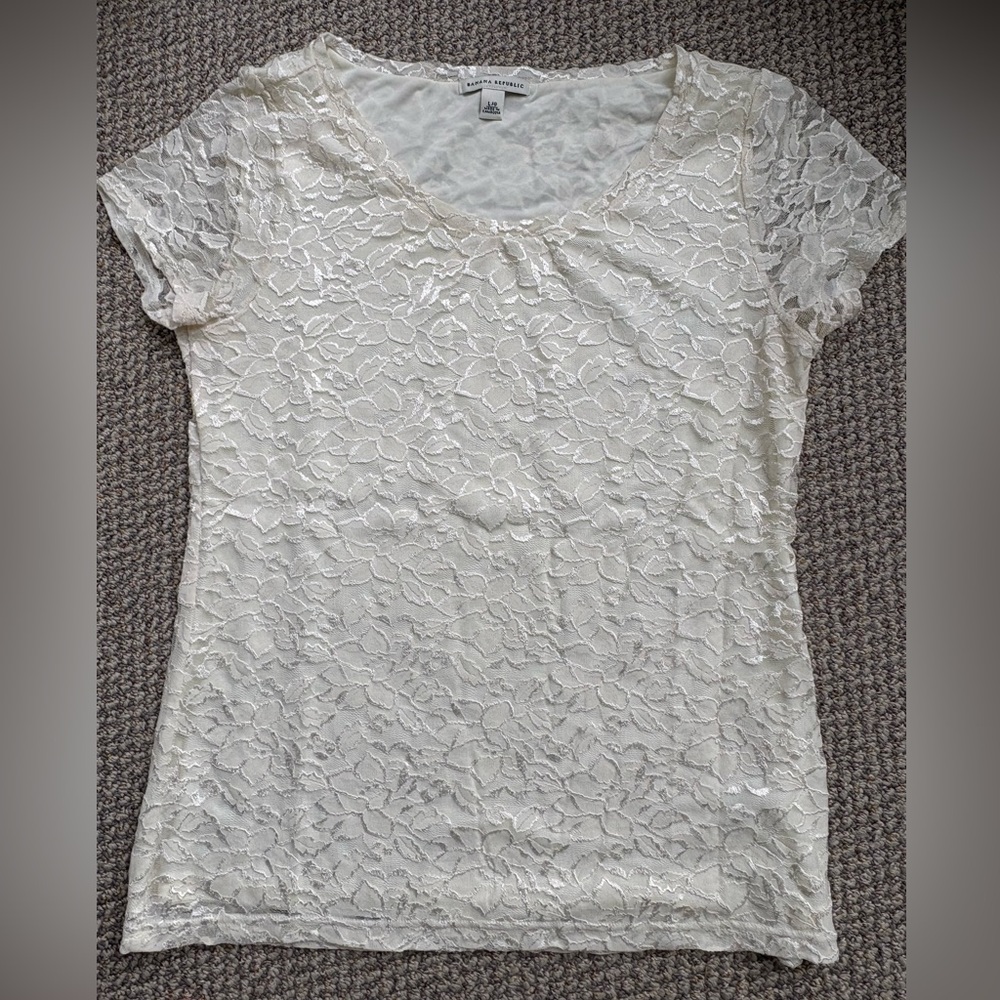 Banana Republic Cream Embellished Short Sleeve Blouse